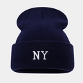 Dark blue ribbed knit beanie with white NY letter embroidery for autumn and winter outdoor warmth - Navy Blue