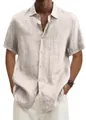 Men's casual V-neck short sleeve linen shirt in light beige with button detail - S / White