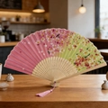 Pink and green gradient silk folding fan with cherry blossoms and a small tassel - Pink Green Sakura