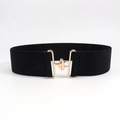 Detailed view of women's 5cm wide black elastic belt with a golden metal hook buckle - Black