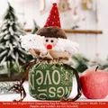 Green burlap Christmas drawstring gift bag with Santa Claus doll, 32cm height - English Print Drawstring Apple Bag Santa Claus