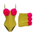 Olive green one-piece swimsuit and matching skirt with 3D magenta floral decorations - S / Green Spaghetti Strap Set