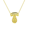 Detailed close-up of golden mushroom pendant necklace inlaid with clear zircon stones - Letter T / Gold