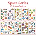 Detailed grid view of 10 waterproof space-themed cartoon tattoo stickers for children - Space Series