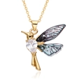 Gold hummingbird pendant necklace with heart zircon and colorful wings on white background - Blue Green Black Spotted