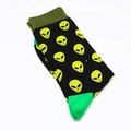 Detail of mid-calf cotton socks with green alien patterns and reinforced green toe and heel - One Size / Alien Head Pattern (A160)