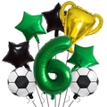 Detail of 8pcs soccer party balloon set with golden trophy and green number 6 foil balloons - Number 6 Style