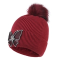 Burgundy winter knit beanie with rhinestone butterfly patch and large faux fur pompom - Burgundy