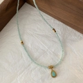Amazonite beaded necklace featuring a gold-framed teardrop pendant in vintage style - Blue Amazonite Necklace approx 39cm+5cm