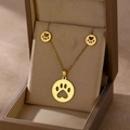 Gold stainless steel jewelry set with round paw print necklace and stud earrings in a gift box - Stainless Steel Paw Print (TZ-494)