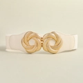 Detail showing interlocking golden woven buckle and beige faux leather texture of the belt - White