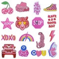 Detailed grid of 16 colorful embroidered patches with cartoon animals and text labels - 16 Pieces Set