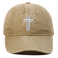 Detailed view of white cross embroidery on khaki washed cotton baseball cap - Adjustable / Khaki
