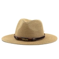 Dettaglio cappello in paglia con fibbia in metallo a piuma e nastro decorativo etnico - M(56-58cm) / Cachi