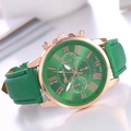 Detail view of Geneva quartz watch with green sunray dial and rose gold roman numerals - Green