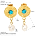 Detailed size specifications for retro gold fan-shaped turquoise and pearl drop earrings - Vintage Coin Turquoise Style (SE361G)