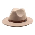 Classic khaki wool fedora hat with flat brim and geometric embossed leather band - M (56-58cm) / Light Purple Grey