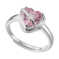 Silver adjustable ring with pink heart gemstone and small diamond accents on white base - Pink Heart Ring Ljz-114 / Adjustable Open