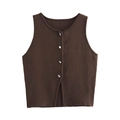 Vue à plat du gilet en maille marron foncé avec des boutons en argent brillant - S / Marron
