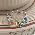 S925 sterling silver open ring featuring colorful smiling bunnies and enamel finish - Colorful Smiley Rabbit Fun Ring (J3894)