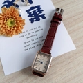 Elegant vintage square quartz watch with rose gold case and brown leather crocodile strap - Coffee