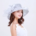 Elegant white organza sun hat for women with wide brim and layered floral decorations - Silver Gray