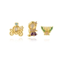 Trois boucles d'oreilles conte de fées dorées avec carrosse, couronne sertie et charmes - Doré