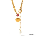 Gold stainless steel necklace with heart pendant, pink teardrop stone and white pearl - Red Zirconia (KCD813)