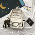 Detail of white canvas backpack featuring black fashion embroidery and green frog charm - With Frog Pendant / Off White