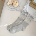 Light gray knit crew socks featuring ruffled cuffs and a silky silver ribbon bow accent - One Size / Light Gray