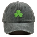 Close-up of green shamrock clover embroidery on vintage washed cotton baseball cap - Green