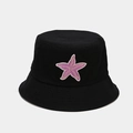 Detail of purple starfish embroidery on a black cotton bucket hat with clean stitching - M(56-58cm) / Black