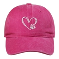 Detailed view of white double-heart and paw embroidery on rose red washed cotton cap - Adjustable / Rose Red