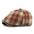 Classic red and white plaid beret cap with brown brim in vintage British style - Adjustable / Burgundy