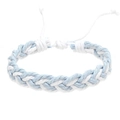 Detailed macro shot of blue and white braided cotton bracelet with adjustable sliding knot - Blue White