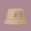 Close-up of cute blue dinosaur embroidery on khaki cotton wide brim bucket hat - One Size / Khaki