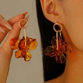 Detailed view of amber flower earrings with elegant gold hoops on model for fashion display - Gold Amber 3D Flower Style (4786)