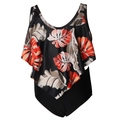 Detail der gestuften Rüschen an einem schwarzen Tankini-Oberteil mit Tropenmuster - 152 / Blumiges Top + Schwarzes Unterteil