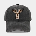 Close-up of leopard print letter Y embroidery on charcoal grey washed cotton baseball cap - Letter Y