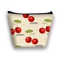 Beige cosmetic bag with red cherry pattern and black zipper for travel storage - Cherry