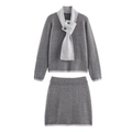 Chic grey two-piece knit set featuring a scarf-style top and matching skirt on white background - S / Gray