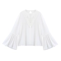 Elegant white chiffon blouse with delicate lace patchwork and stylish flared sleeves - XS / White