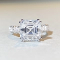 Macro view of Asscher cut moissanite ring with square stone and silver band detailing - US 5 / Princess Cut 5ct-Silver