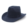 Detail of navy blue hand-knitted Panama hat with wide brim and cattleman crown design - Navy Blue