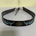 Brown leather hat band with vintage metal bull head buckle and blue embroidery accents - 56-58cm / Dark Brown Bull Embroidery Decorative Band (AB88)