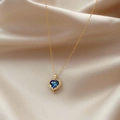Blue heart pendant necklace in 18k gold finish with sparkling diamond border - Blue Ocean Heart / Blue Gold Chain