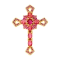 Gold cross pendant featuring vibrant pink cubic zirconia in marquise and round cuts - Pendant 89 (Gold Magenta Stone Luxury Cross)