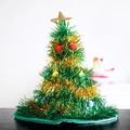 Green and gold tinsel Christmas tree hat with colorful pom-poms and a star on top - Double Layer Green Bottom Gold