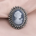 Vintage relief portrait brooch with sparkling rhinestones in an antique silver finish - Vintage Relief Portrait (XD7572-2)