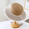 Summer straw boater hat for women with lace mesh trim and faux pearl decorations - Brown